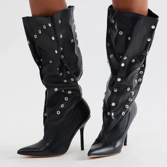 Fashion Nova Black Stiletto Boots with Grommet Detailing - Picture 1 of 4